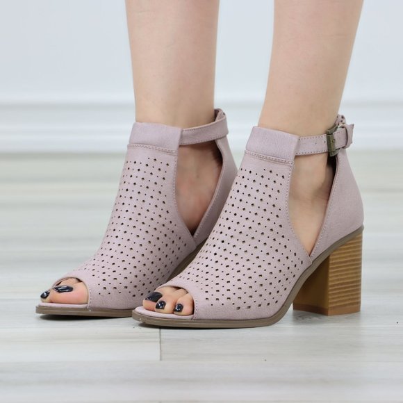 Peep Toe Mauve Faux Leather Heeled Ankle Booties - Picture 11 of 11